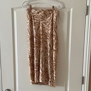 Dress Forum Beige and Brown Zebra Print Midi Skirt Sz M, satin finish, lined